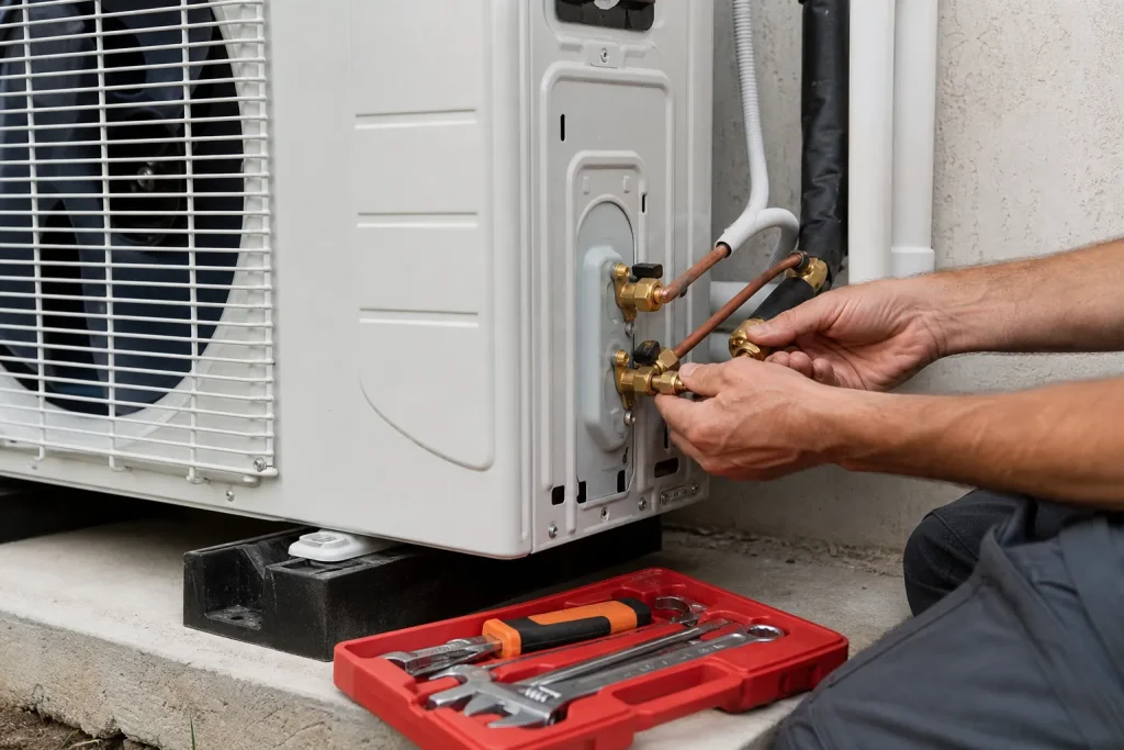 Installateur raccordant une pompe u00e0 chaleur