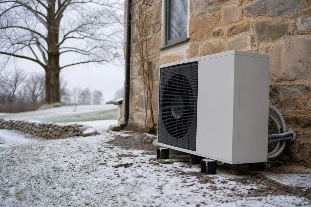 Pompe u00e0 chaleur en hiver pru00e8s d'une maison en pierre