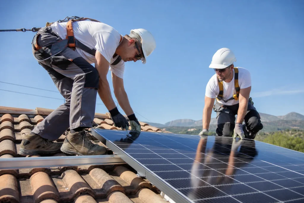 Installateurs posant des panneaux solaires