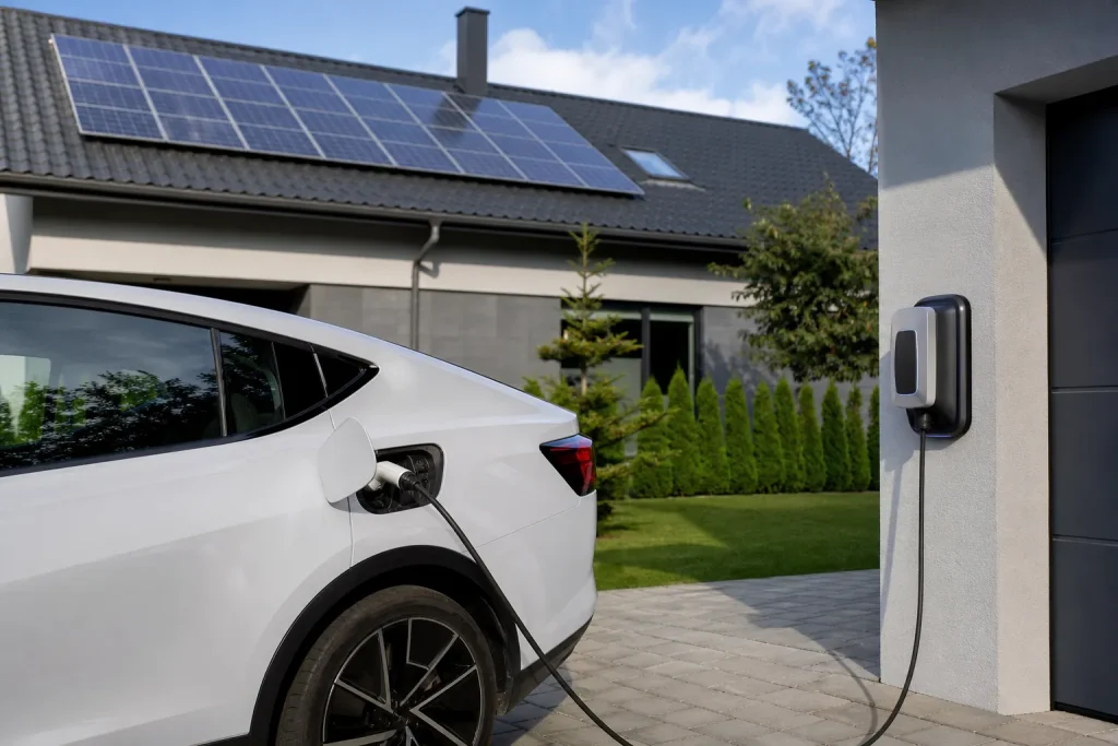 Voiture u00e9lectrique rechargu00e9e u00e0 l'u00e9nergie solaire