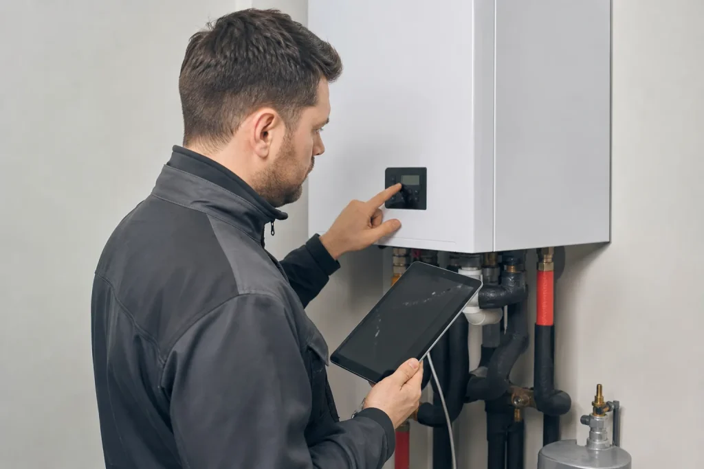 Technicien ru00e9glant une pompe u00e0 chaleur
